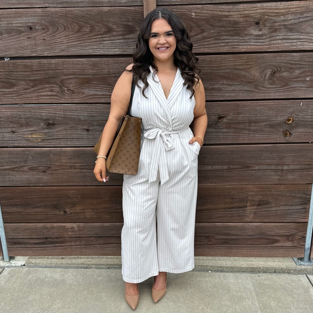 a new day Cream & White Pinstripe Sleeveless Jumpsuit